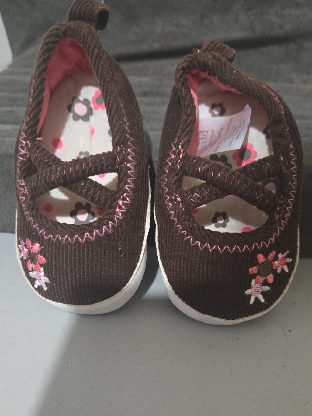 Carter's Brown Corduroy Mary Jane Shoes with Pink Floral Details Up to 3mos.